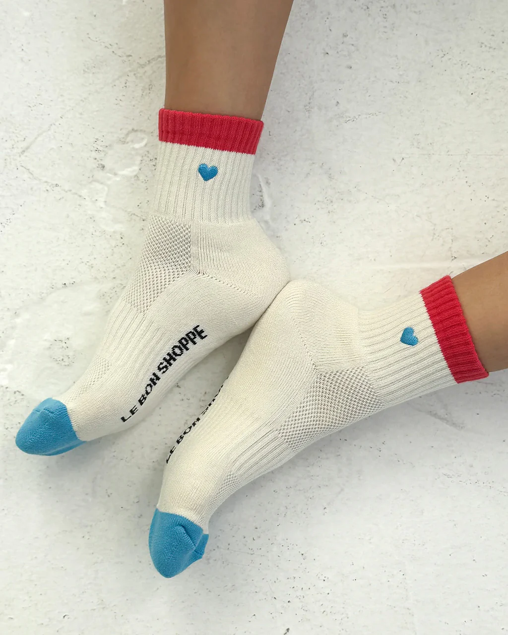 Embroidered Color Block Girlfriend Socks - Blue Red + Heart - Image 3