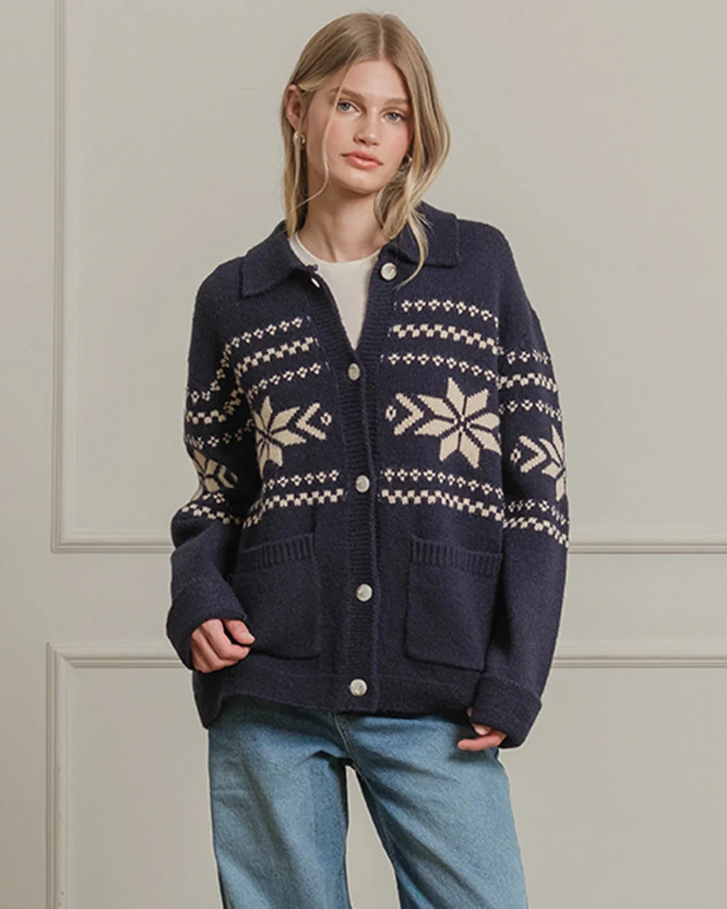 Nordic Snowflake Knit Cardigan - Navy