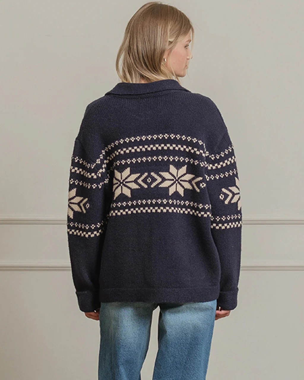 Nordic Snowflake Knit Cardigan - Navy - Image 2