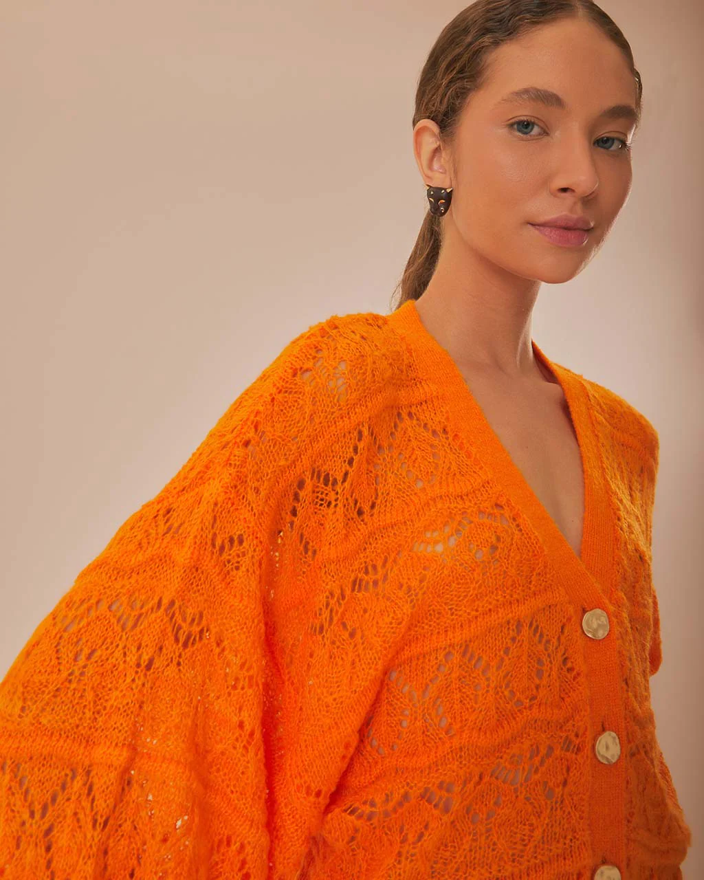 Orange Textured Knit Cardigan - Image 3