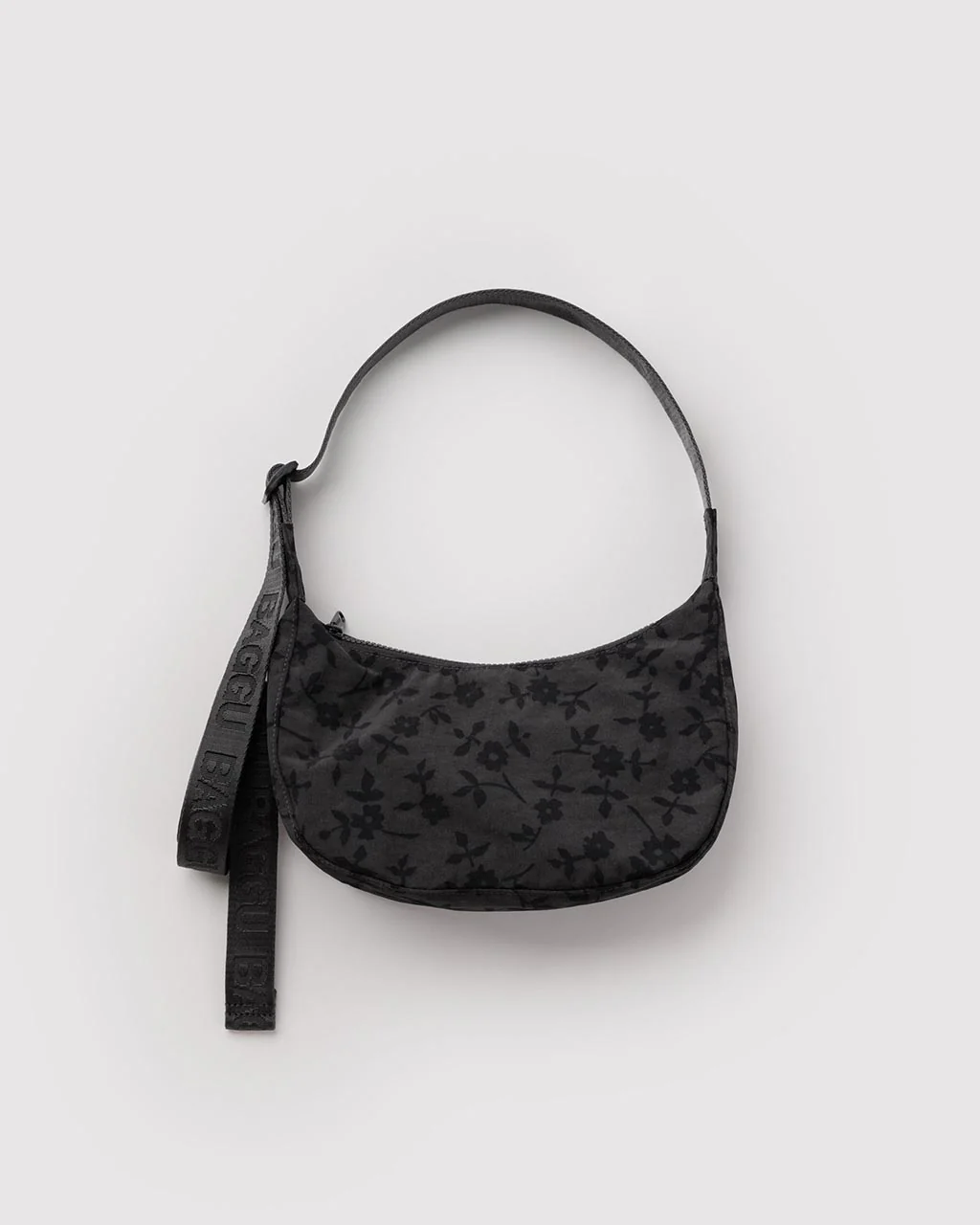 Small Nylon Crescent Bag w/ Key Leash - Charcoal Ditsy Floral