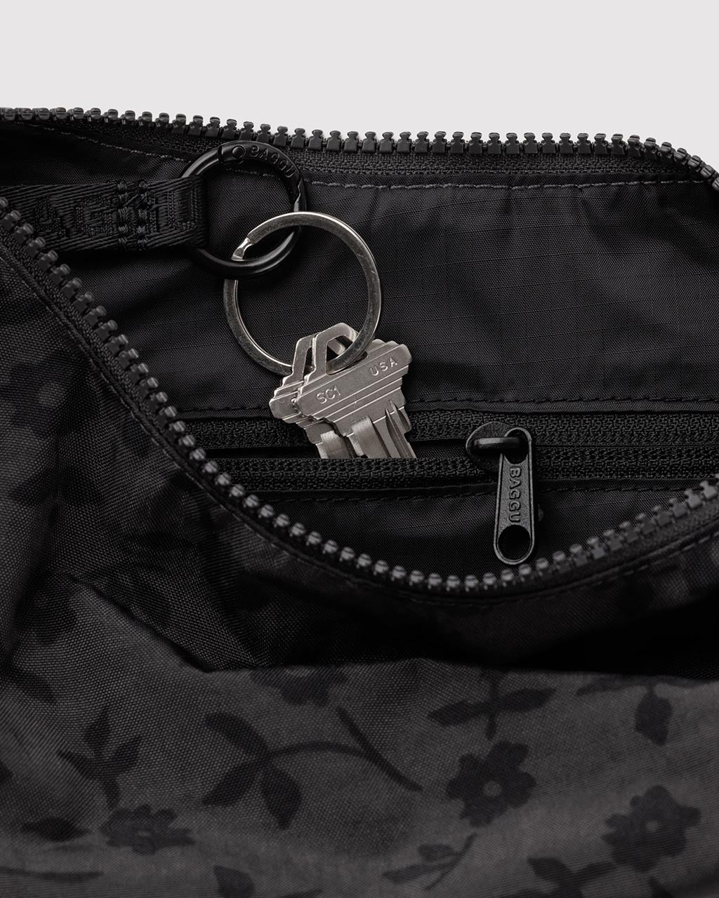 Small Nylon Crescent Bag w/ Key Leash - Charcoal Ditsy Floral - Image 2